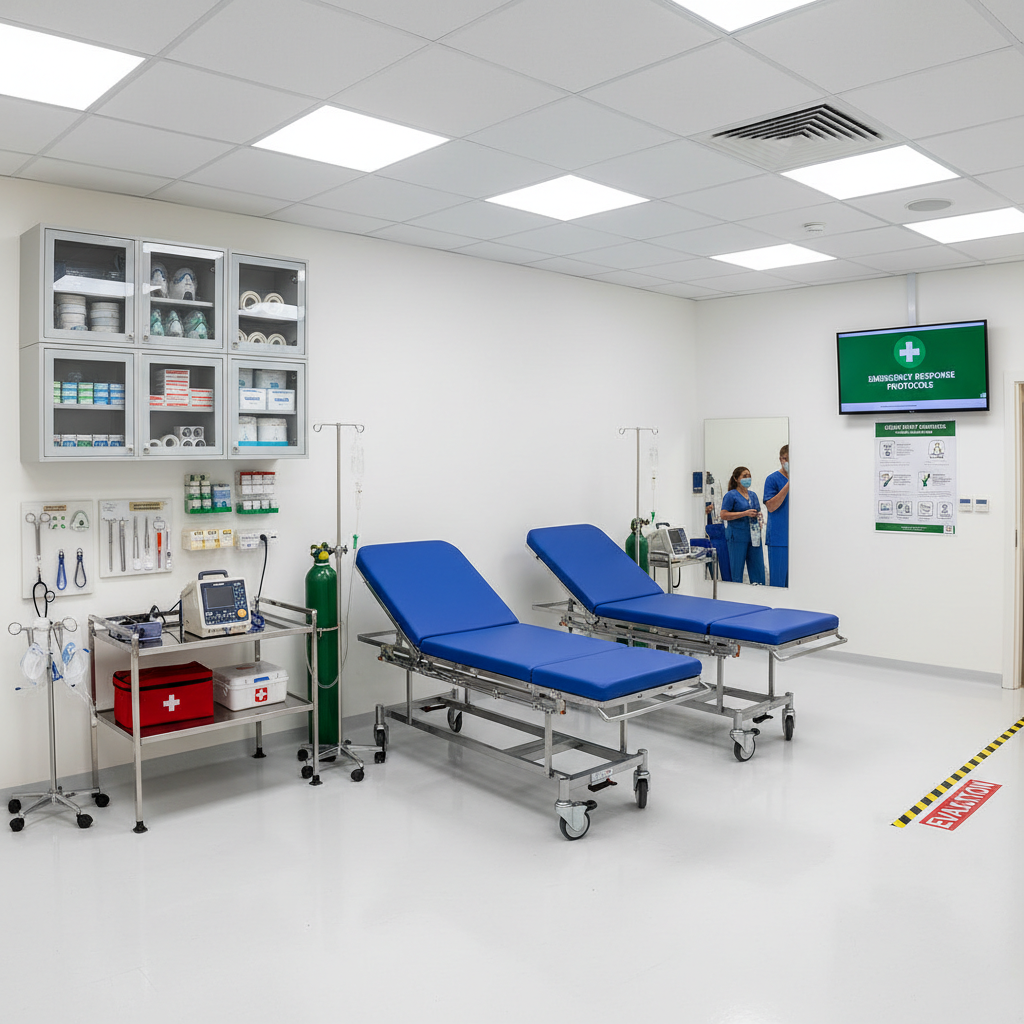 Emergency resuscitation equipment including defibrillator in a bright well-lit emergency room