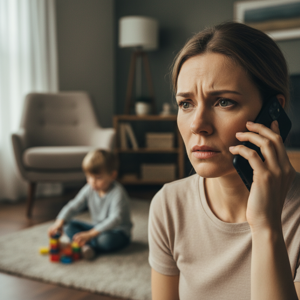 Concerned parent on phone while child sits calmly in background