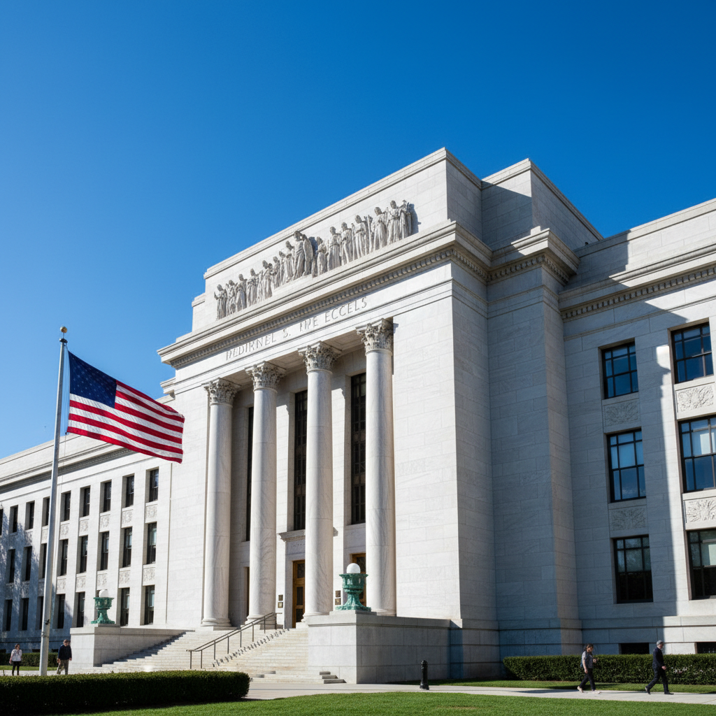 Federal Reserve building exterior with American flag, financial district backdrop