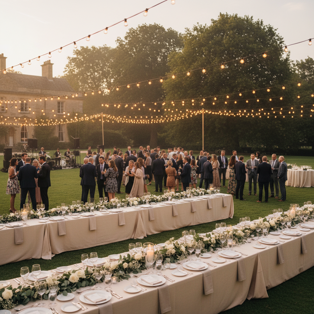 Open-air lawn venue with string lights and white tent canopy for evening reception