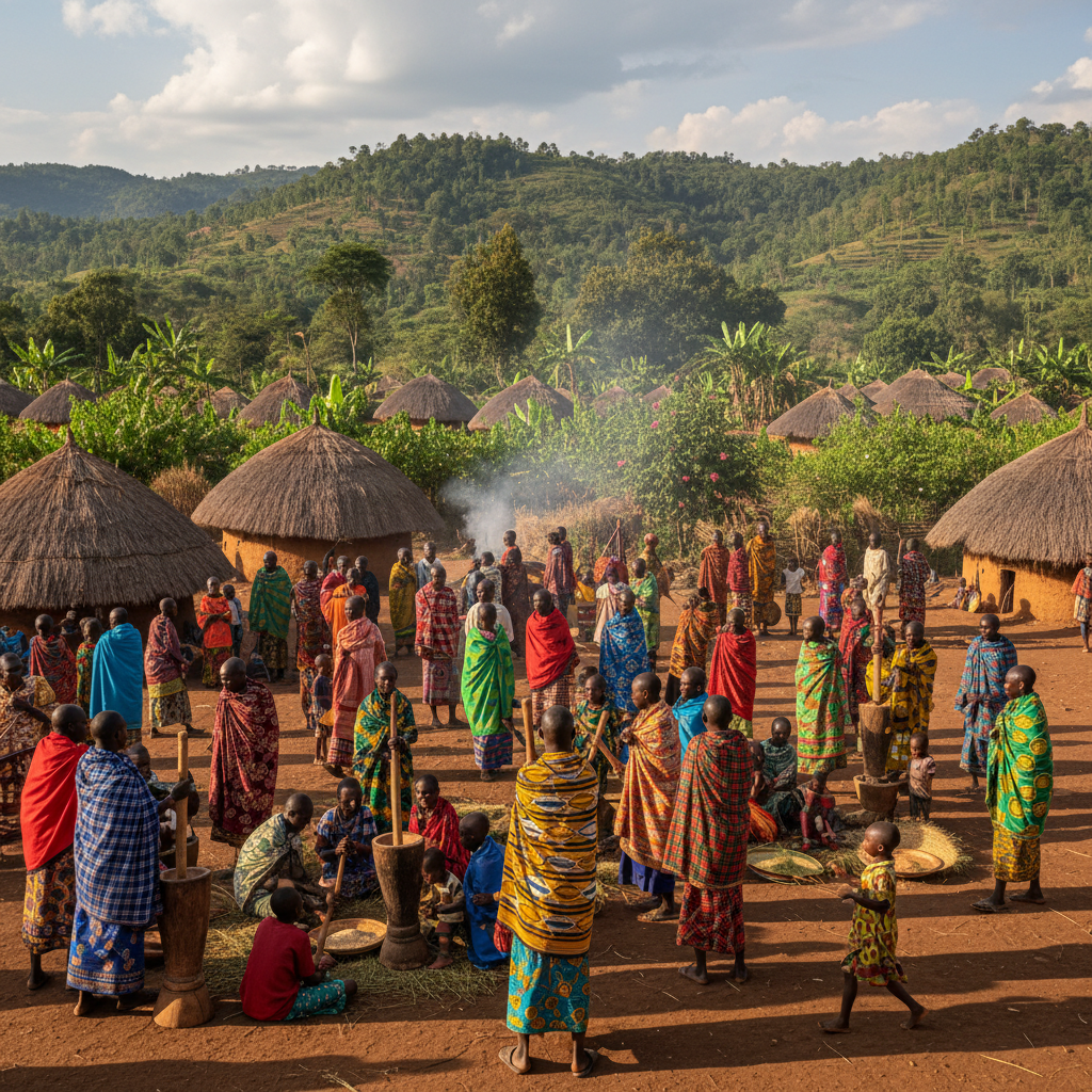 African village community gathering outdoors, green landscape, community members smiling, daylight