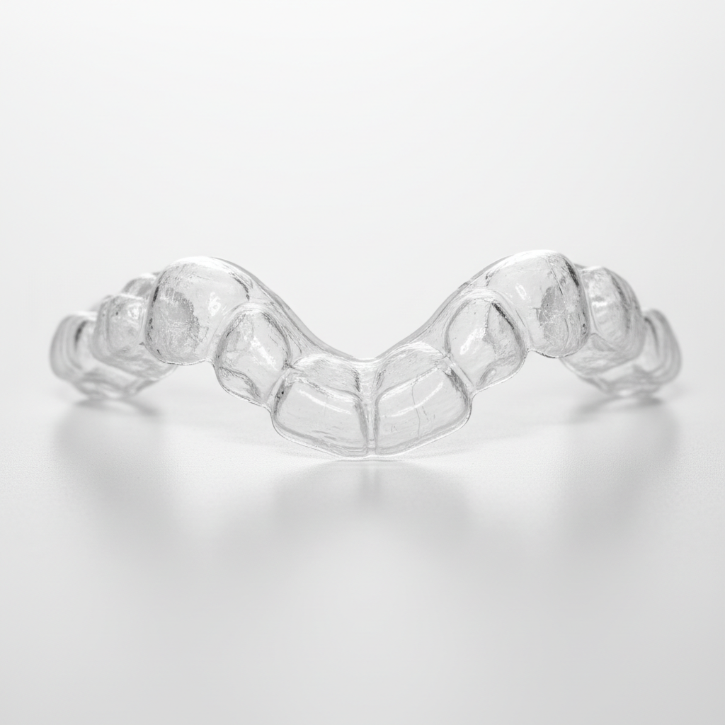 Clear Invisalign aligner trays on clean white surface in modern dental studio with soft natural lighting