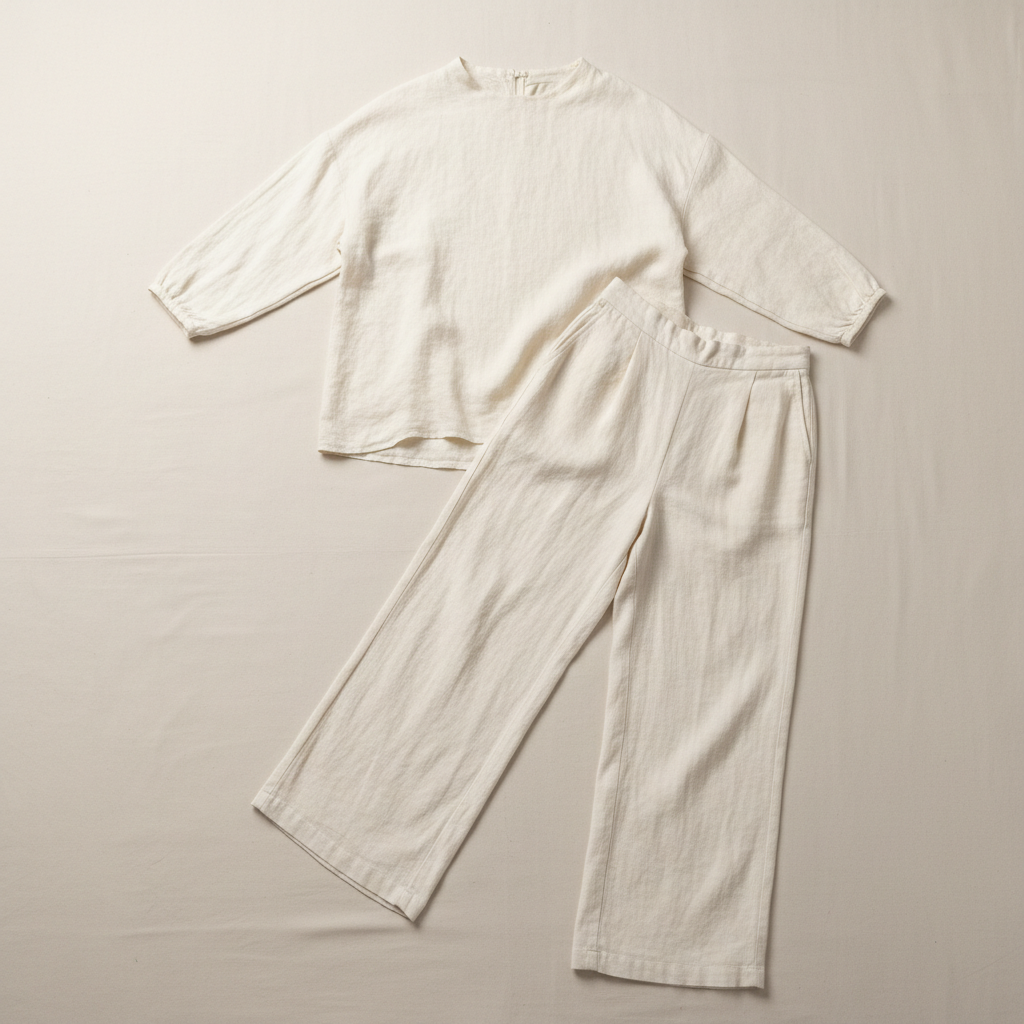 Conjunto plus size feminino moderno, blusa e calça em tons neutros, look casual elegante