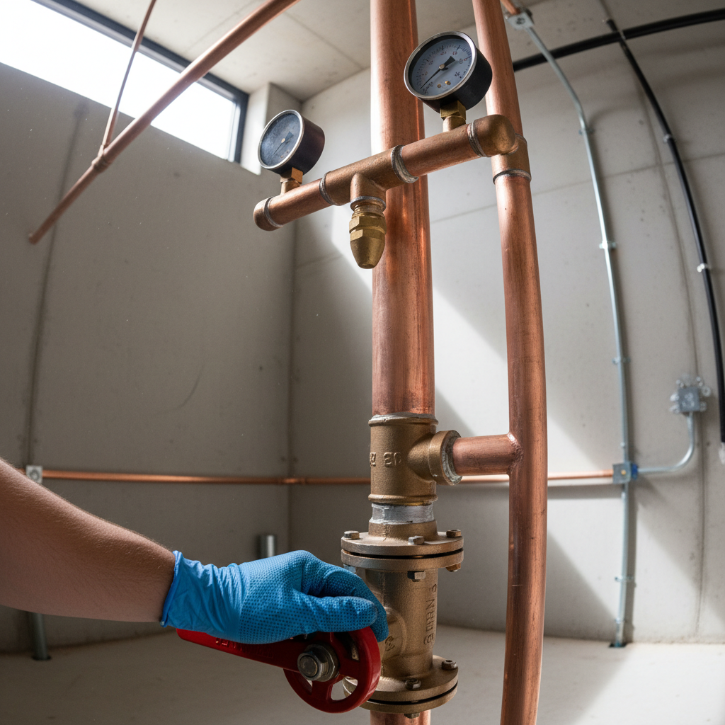Freshly installed sprinkler riser with copper pipe, pressure gauges at zero, and a technician's gloved hand on the main valve — shot from below looking up at the overhead piping network