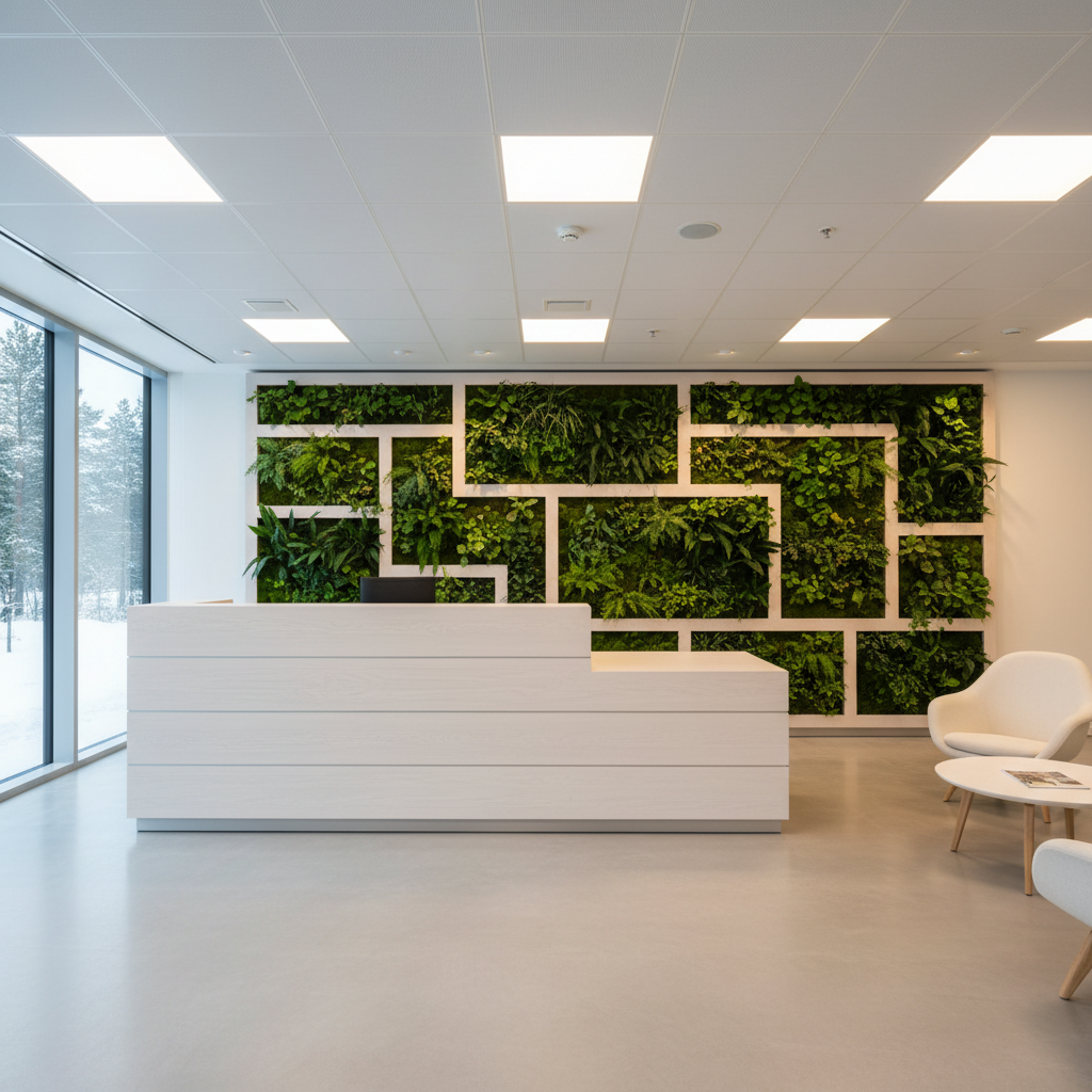Premium corporate office interior with custom wood reception wall, biophilic elements, and architectural lighting in dark palette