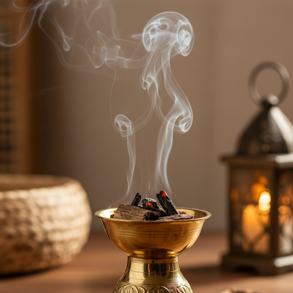 Close-up of bakhoor incense burning in brass mabkhara with visible smoke