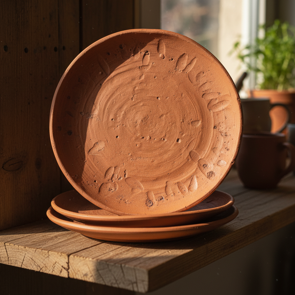 Handcrafted ceramic pot on white marble surface, warm studio lighting, earthy tones