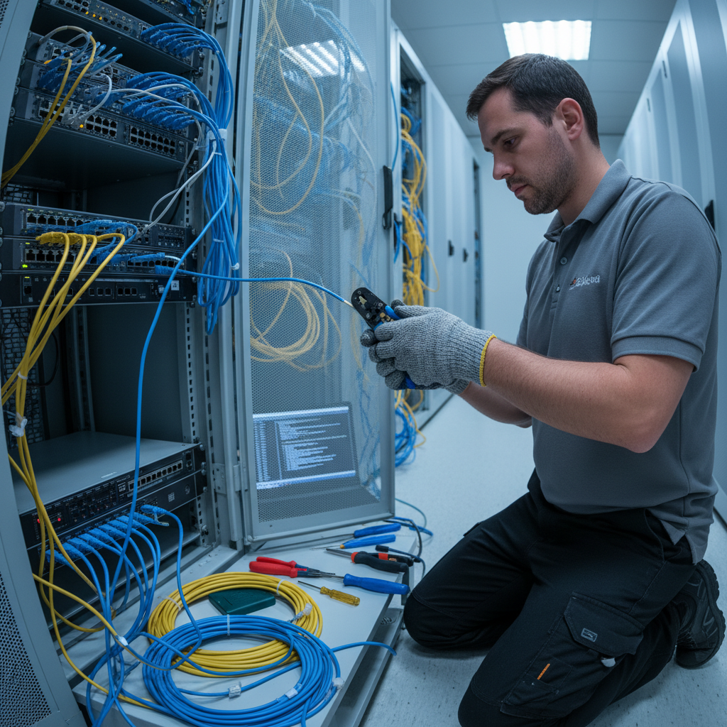 Technician working on network infrastructure in bright well-lit server room