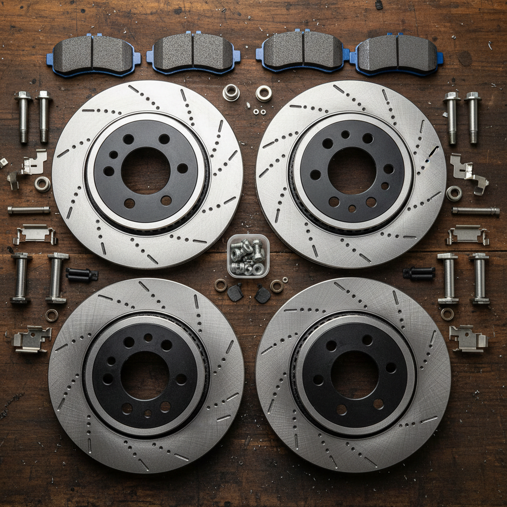 Complete winter brake kit laid out on workbench — pads, rotors, hardware