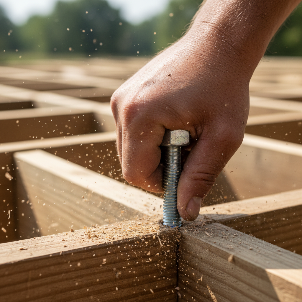 Calloused hand driving a lag bolt into a ledger board with sawdust frozen mid-air and a half-built deck frame in background blur