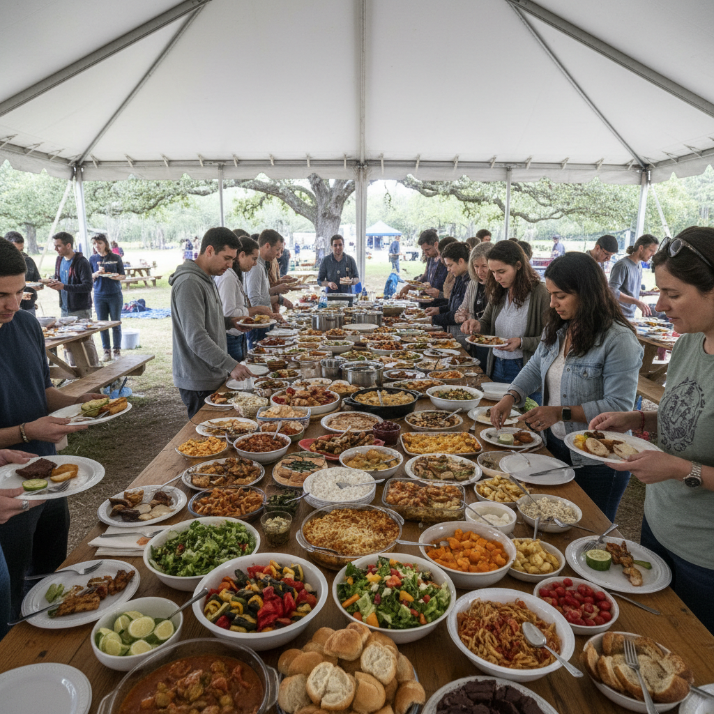 Community potluck with dozens of shared dishes