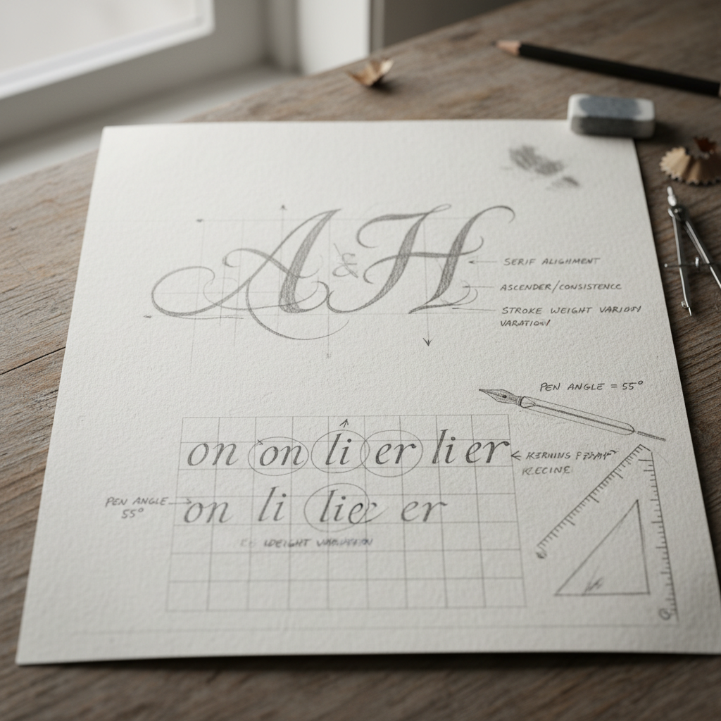 Annotated sketch sheet with calligrapher pencil notes on letterform proportions and spacing
