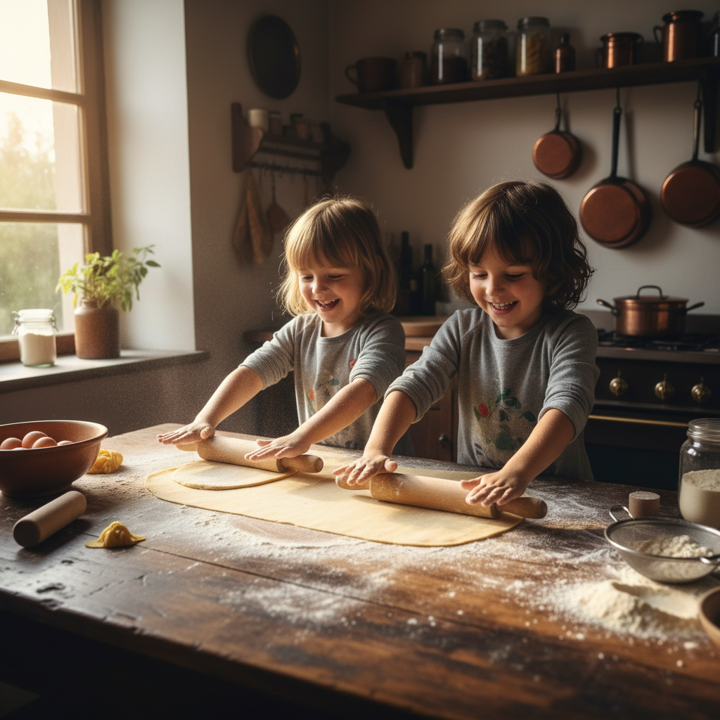 Two children rolling pasta dough on a flour-dusted wooden table, laughing