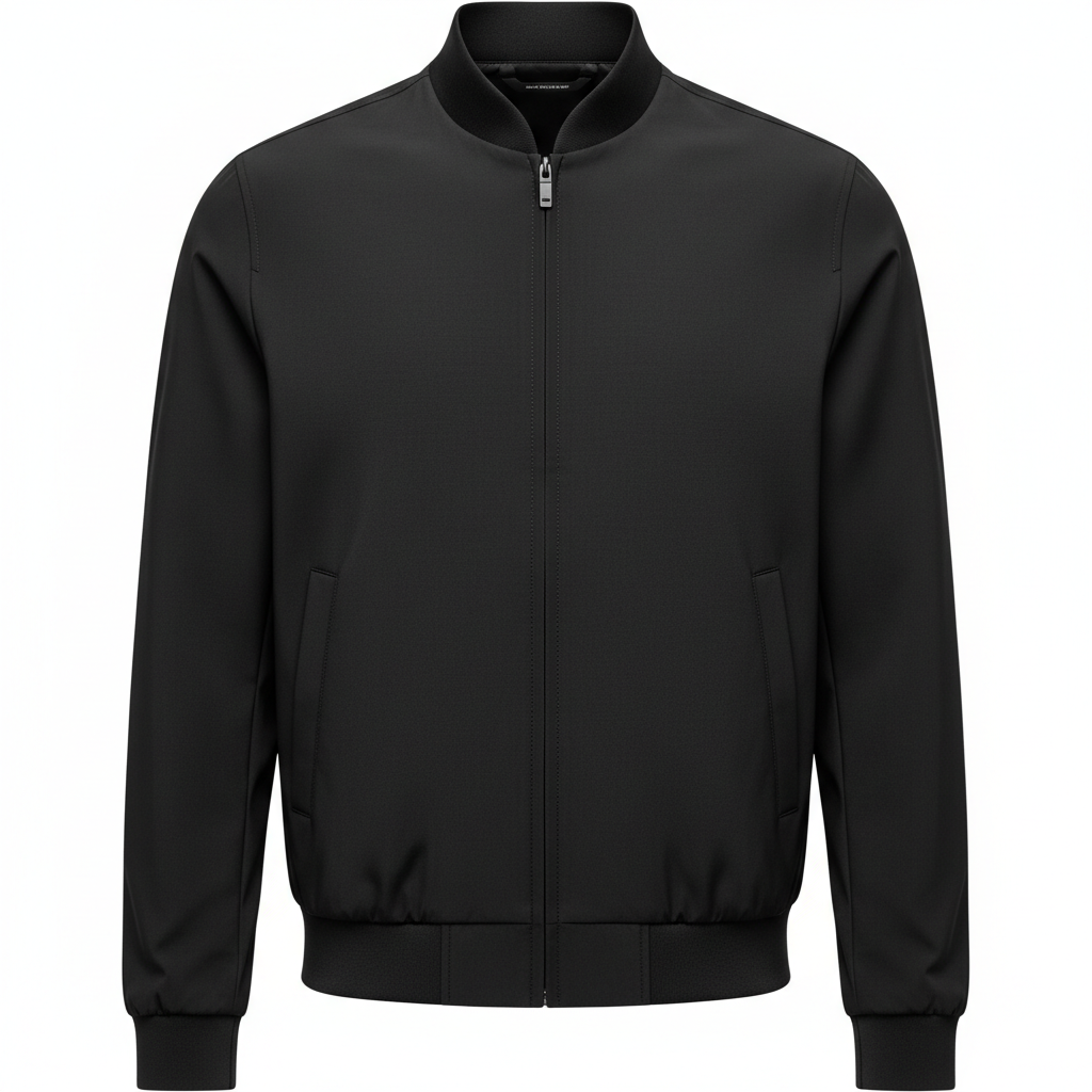 Mandarin collar bomber jacket in black technical fabric, Thread Drop 004