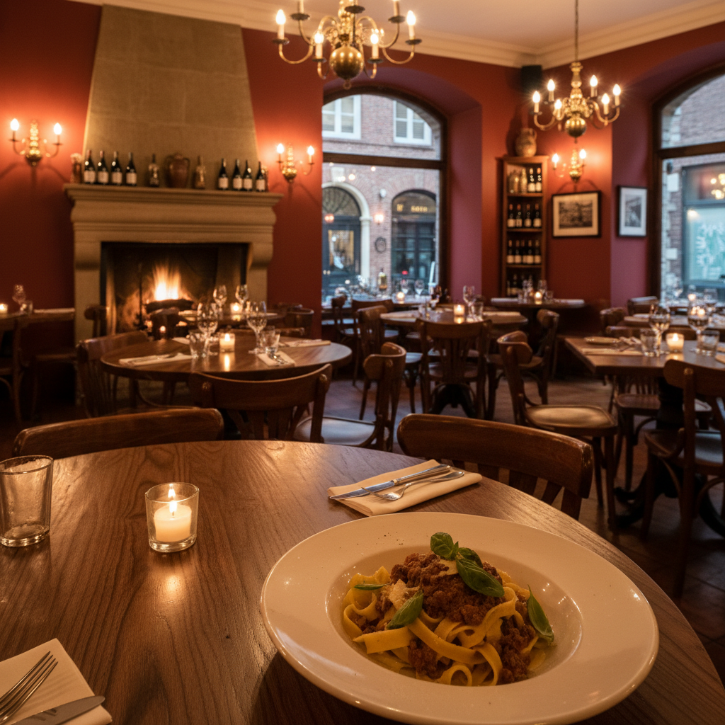 Итальянский ресторан с тёплым освещением и блюдами из пасты на столе