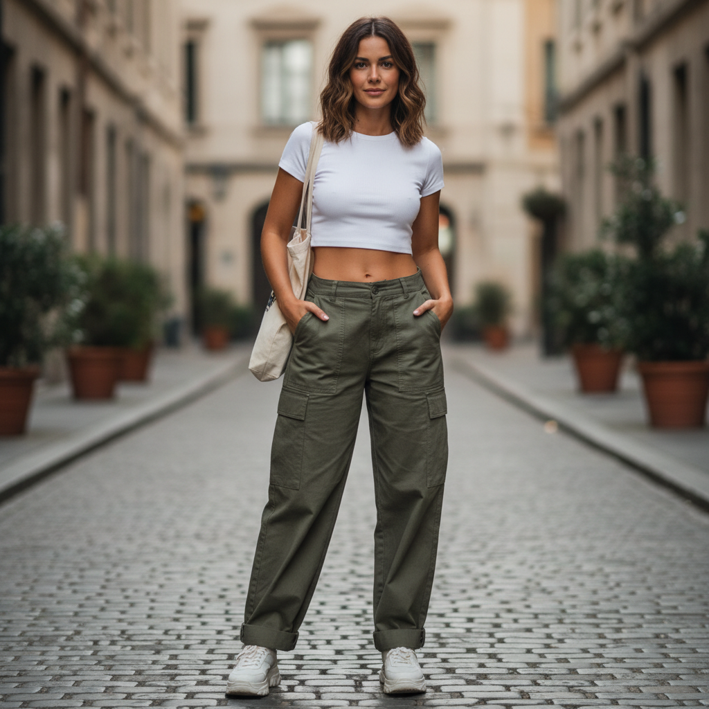 Low-rise cargo pants with matching crop top in khaki tone, bright airy studio