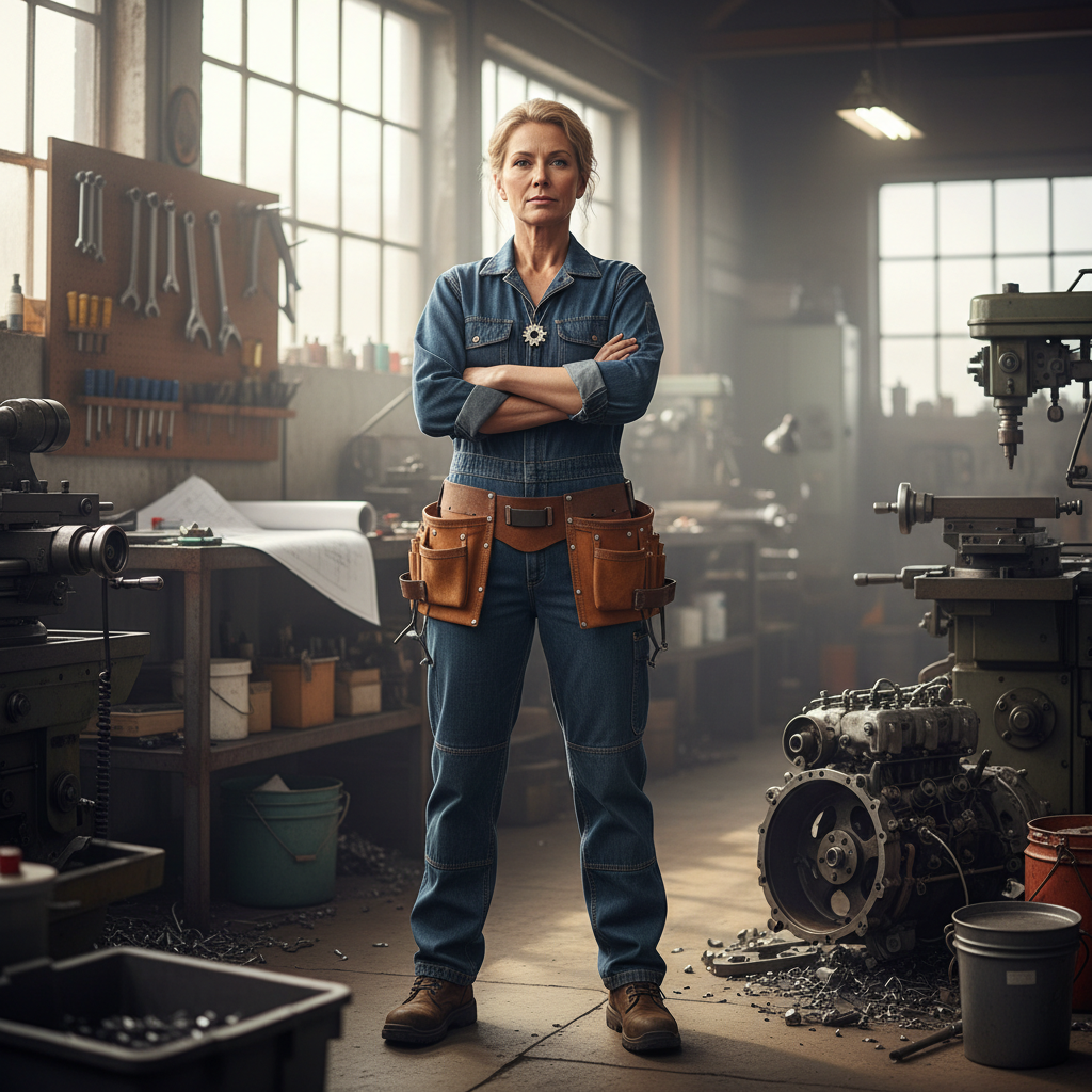 Woman confidently working at sewing machine in bright well-lit workshop, tools organized around her