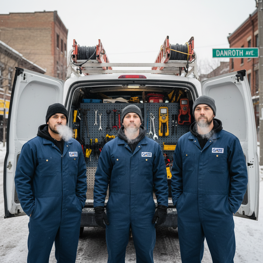 Three Gate technicians standing shoulder-to-shoulder in front of a white service van, tools visible on rack behind, winter breath visible, Danforth street signs soft in background