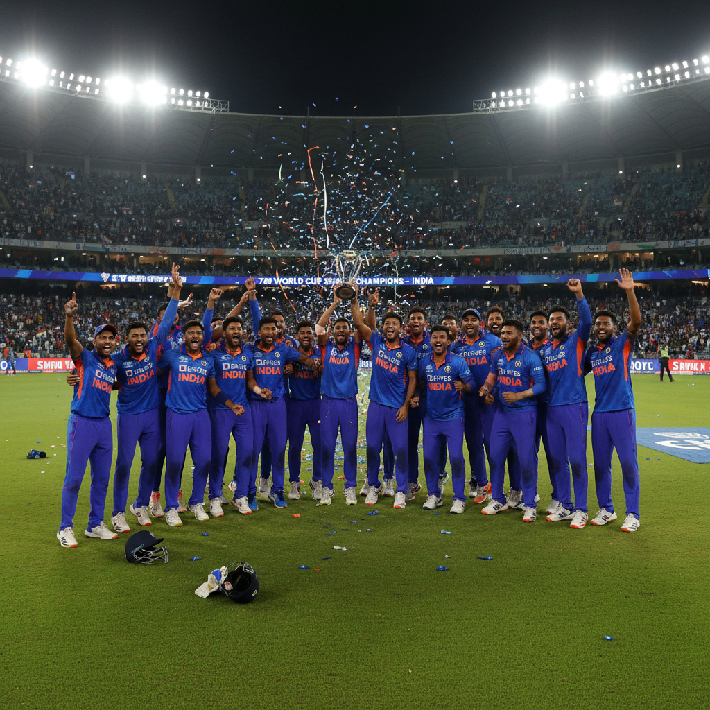 Indian cricket team players in blue jerseys celebrating on green cricket pitch