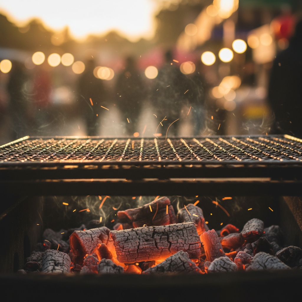 Charcoal glowing under a grill in the warm evening light at a street food market