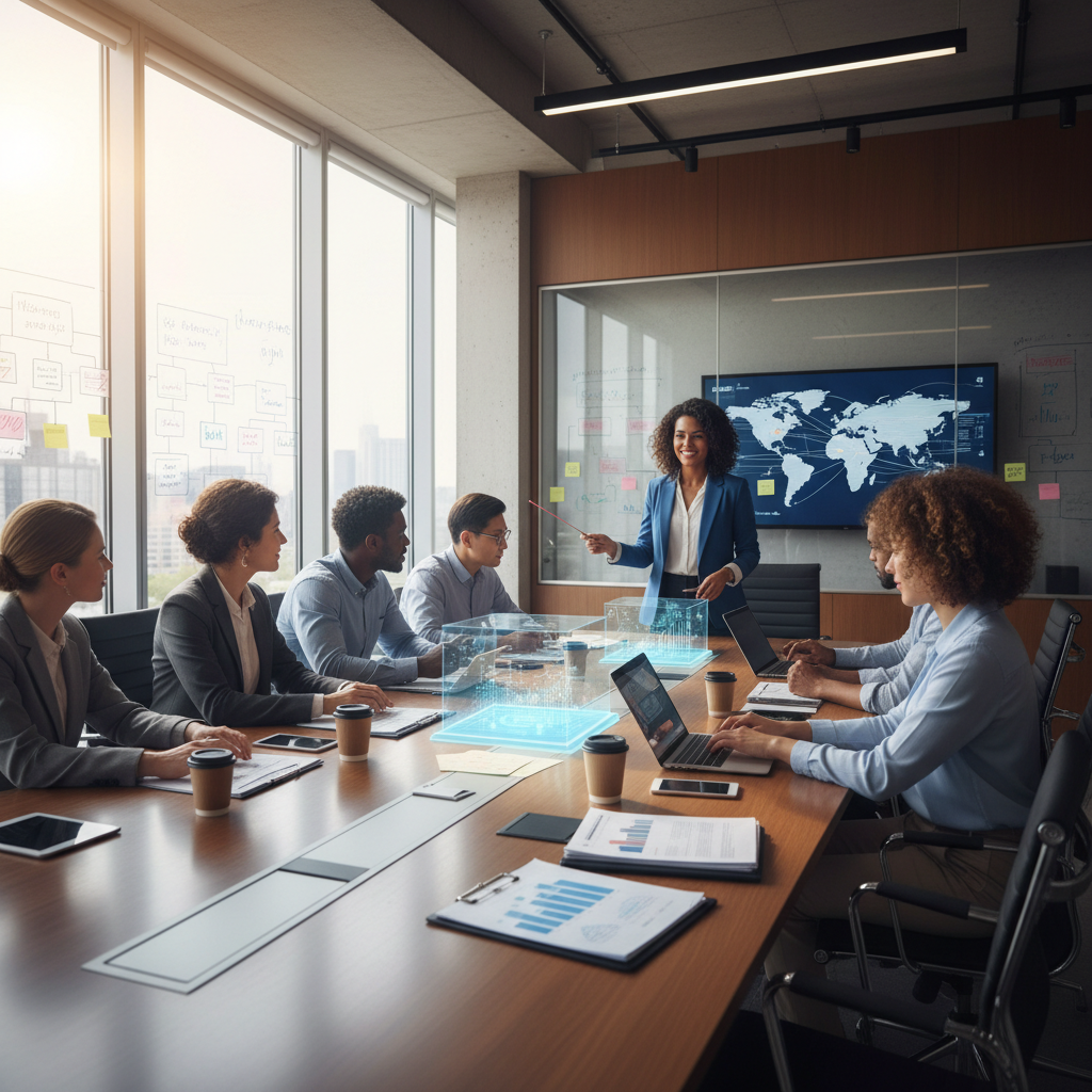 Diverse executive healthcare team in a modern boardroom — African American and multicultural professionals in a strategic planning session, representing GFI's leadership culture