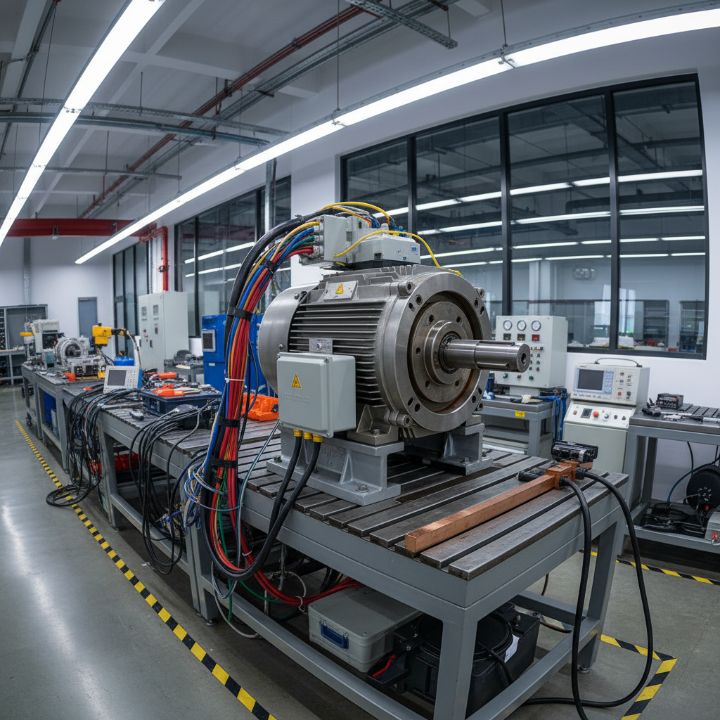 AC induction motor on test bench with wiring harness connected