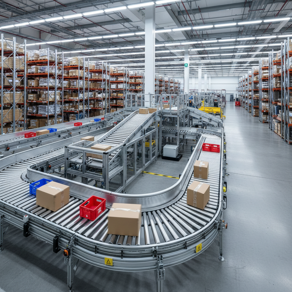 Large modern warehouse interior with organized storage, bright industrial lighting