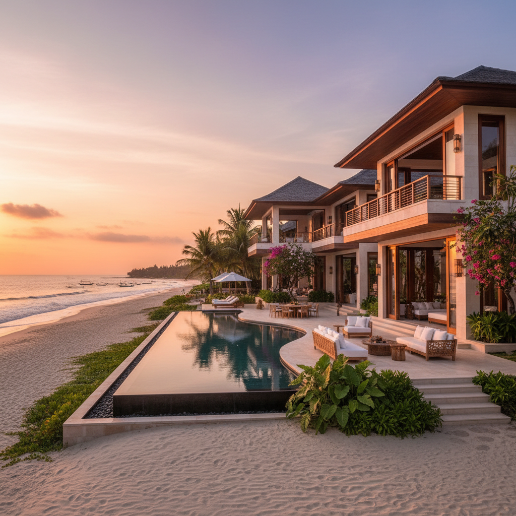 Luxury beachfront vacation rental property at sunset in Panama City Beach Florida