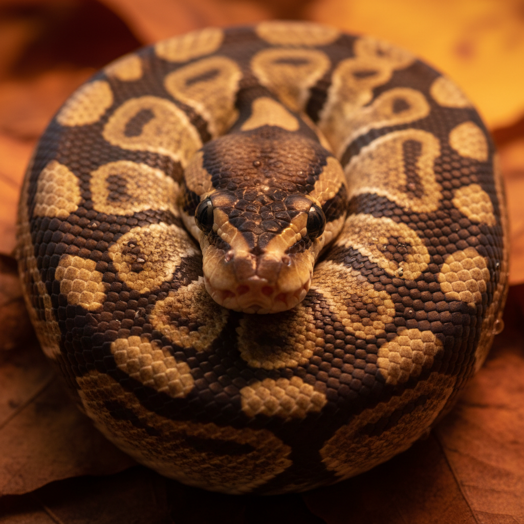 Ball python coiled tightly, head centered in frame, scales catching warm amber light