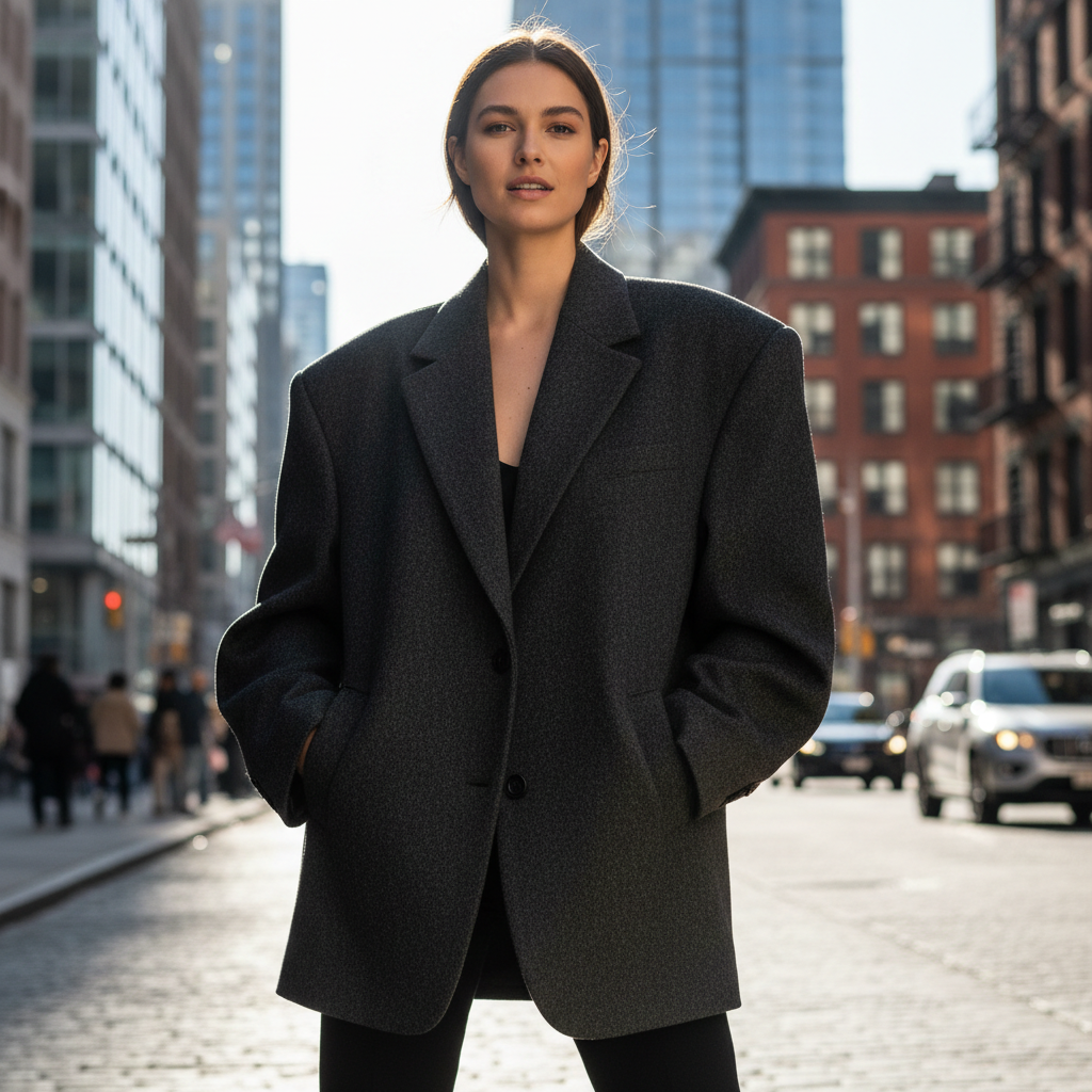 Street fashion model in oversized jacket, dark urban alley, moody atmospheric lighting