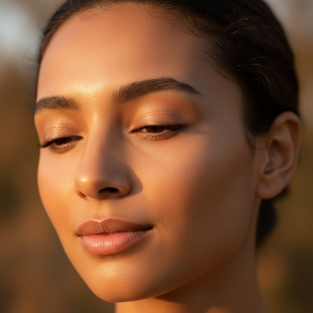 Golden hour glow with tinted moisturizer on medium skin