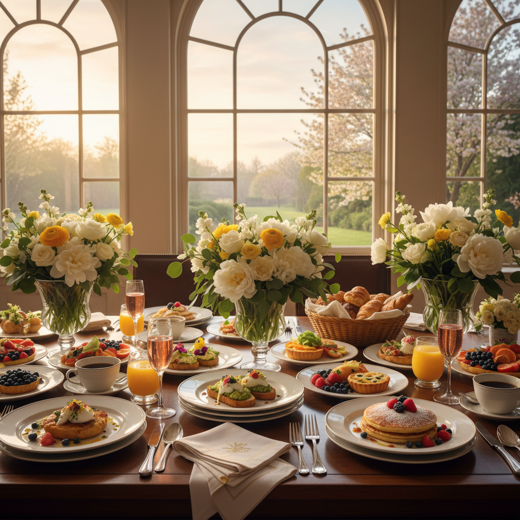 Lively brunch setting with colorful dishes, champagne glasses, and natural light