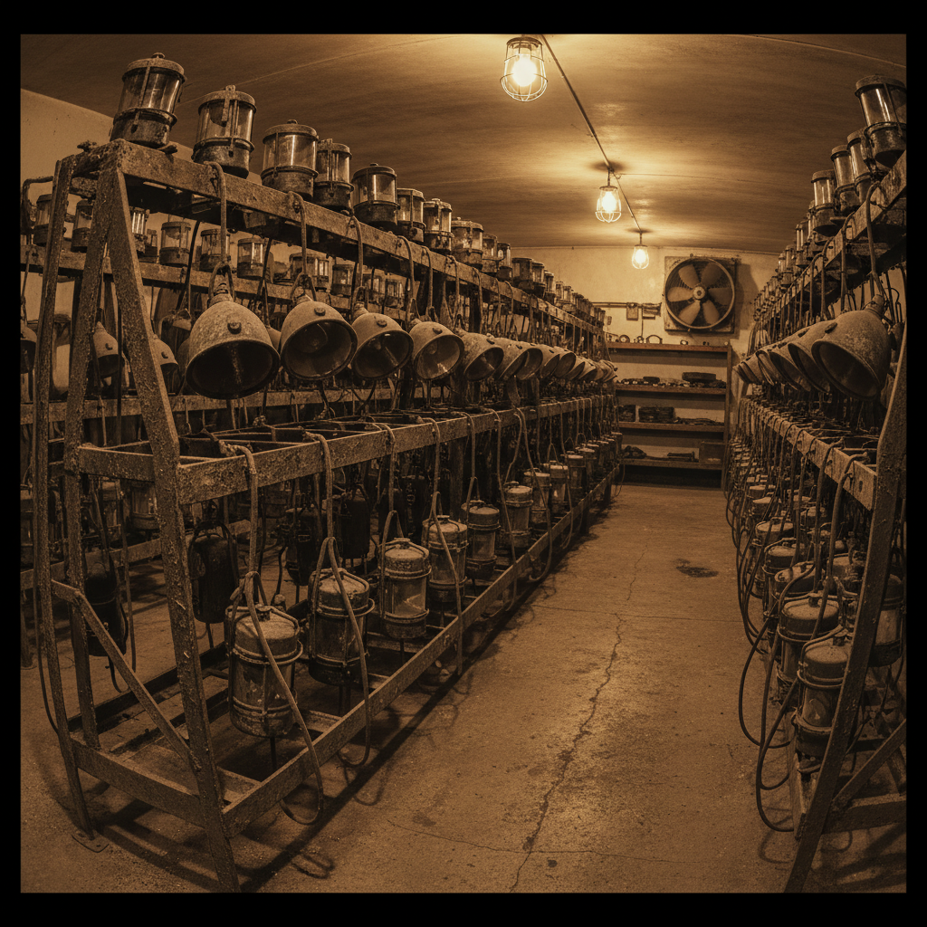 Old mining lamp room with rows of carbide and electric cap lamps on charging racks