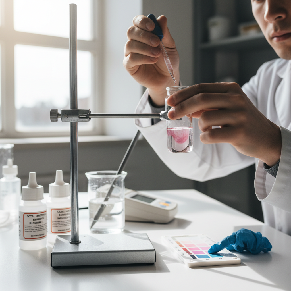 Technician performing water hardness test with professional testing equipment