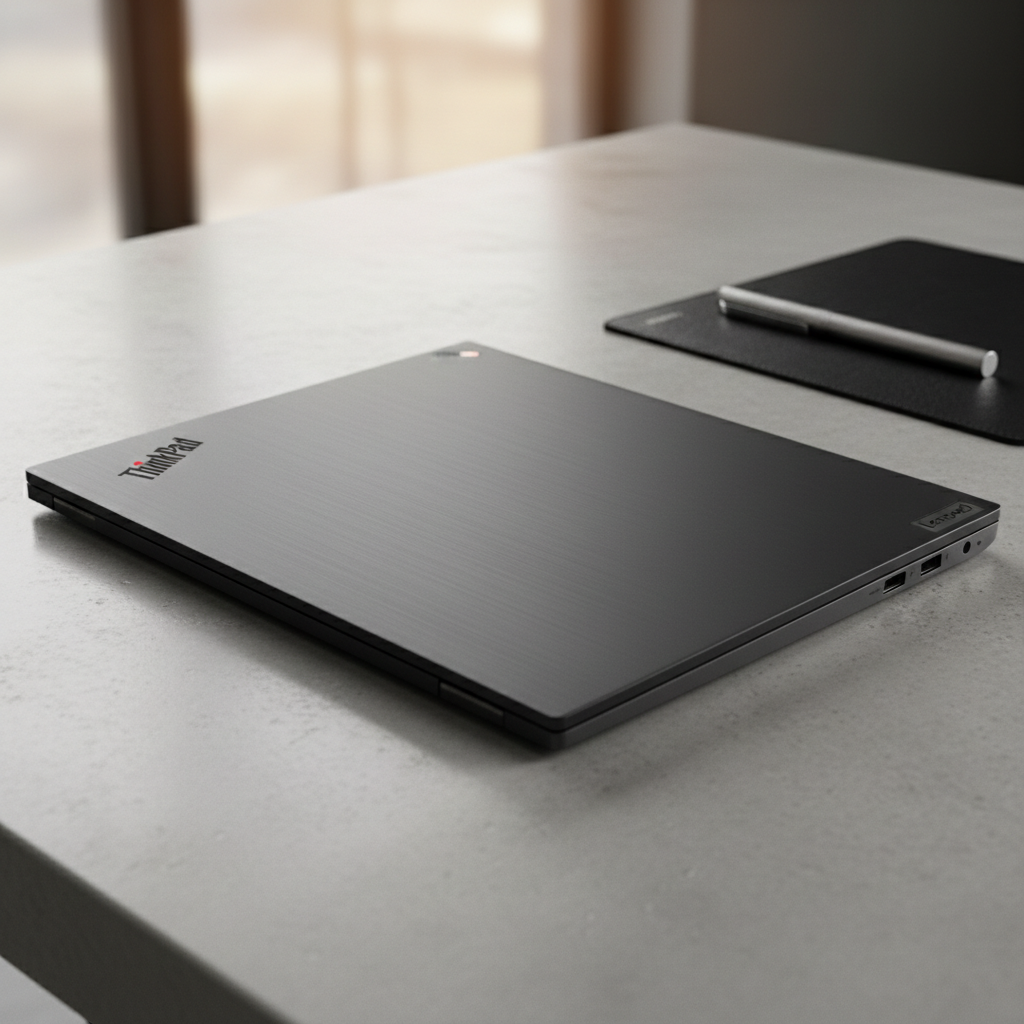 Black Lenovo ThinkPad laptop open on desk with blue ambient light