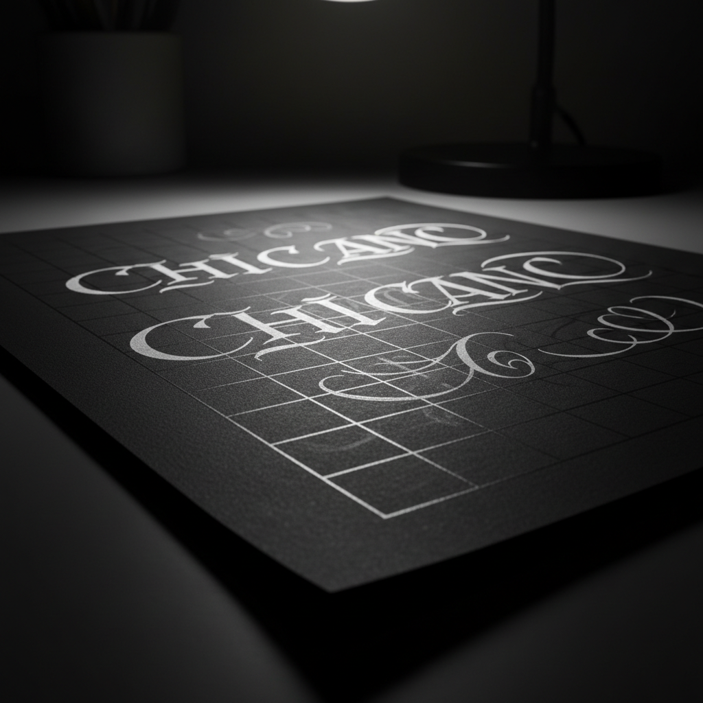 Chicano lettering practice grid on dark paper, dramatic low-key lighting, deep shadows