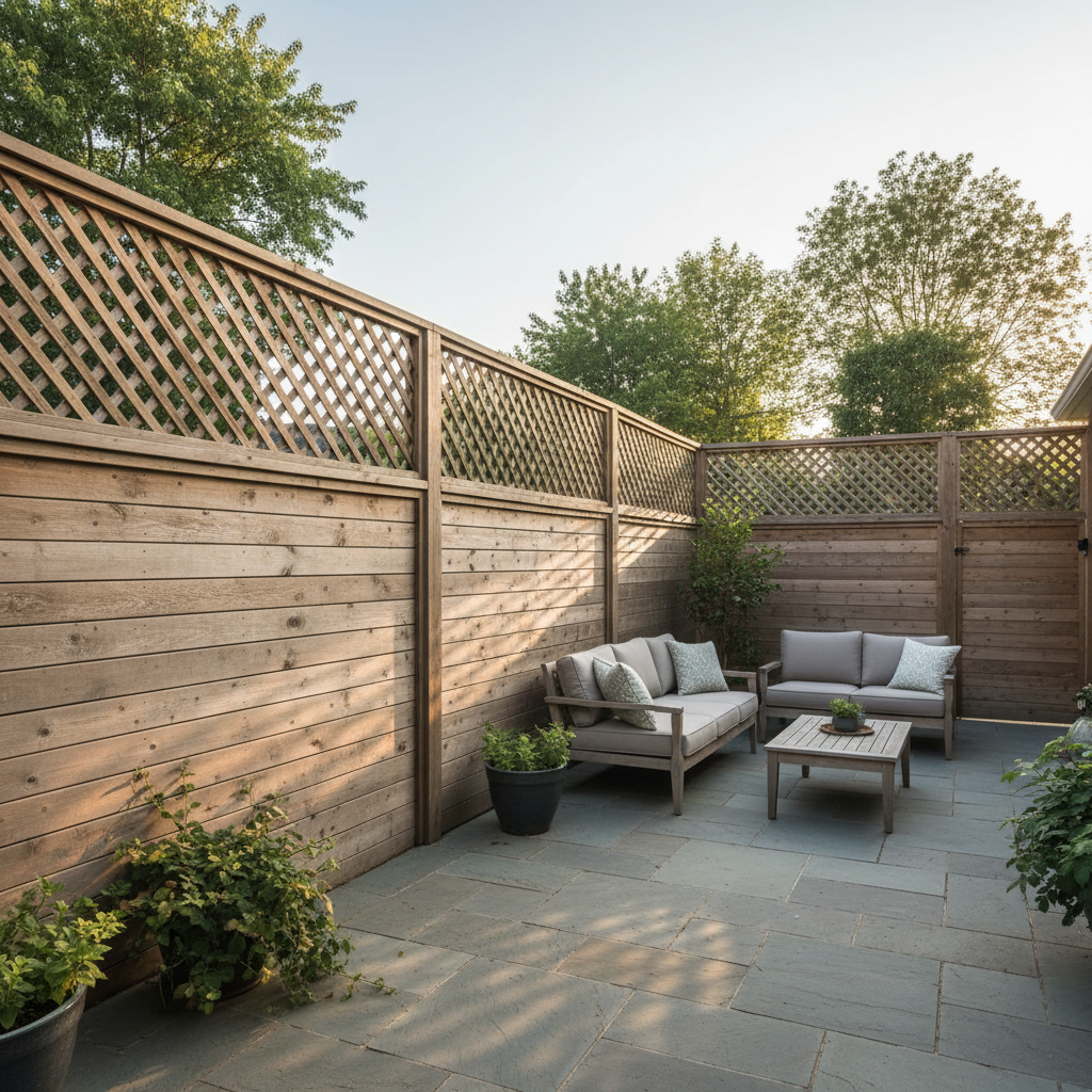Wooden privacy wall with decorative lattice top panels enclosing a backyard patio space