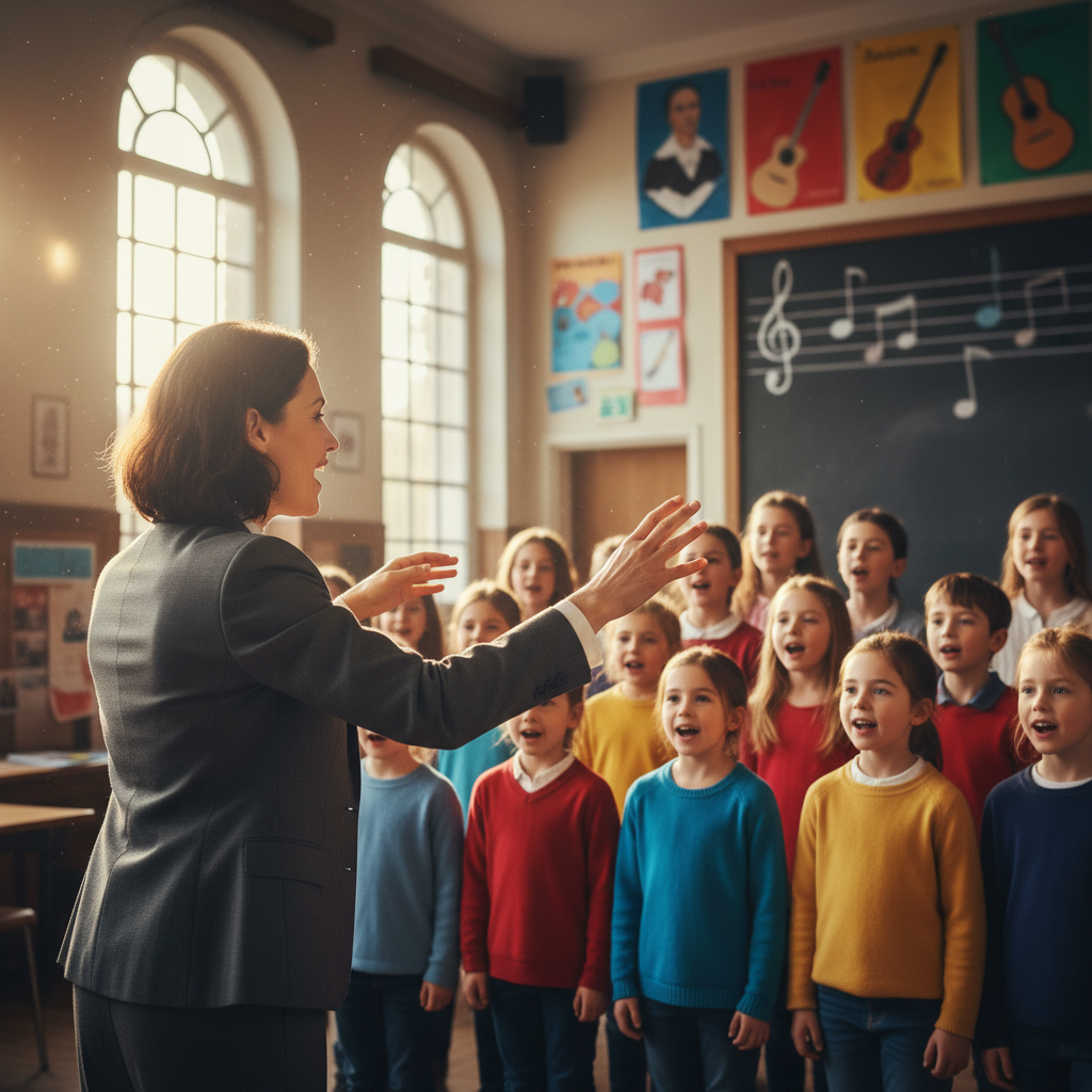 Children singing together in a bright classroom rehearsal