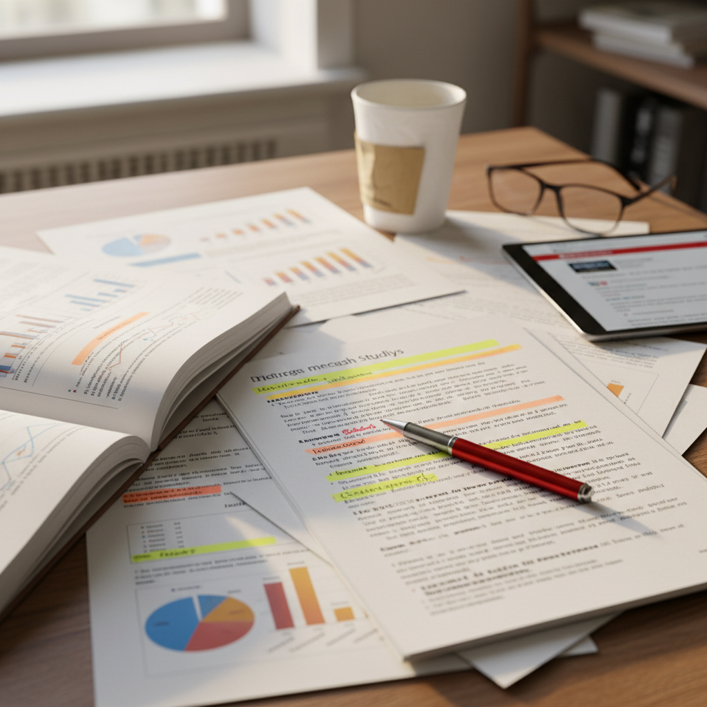 Journalist's desk covered with printed medical studies, highlighted documents, and a red pen