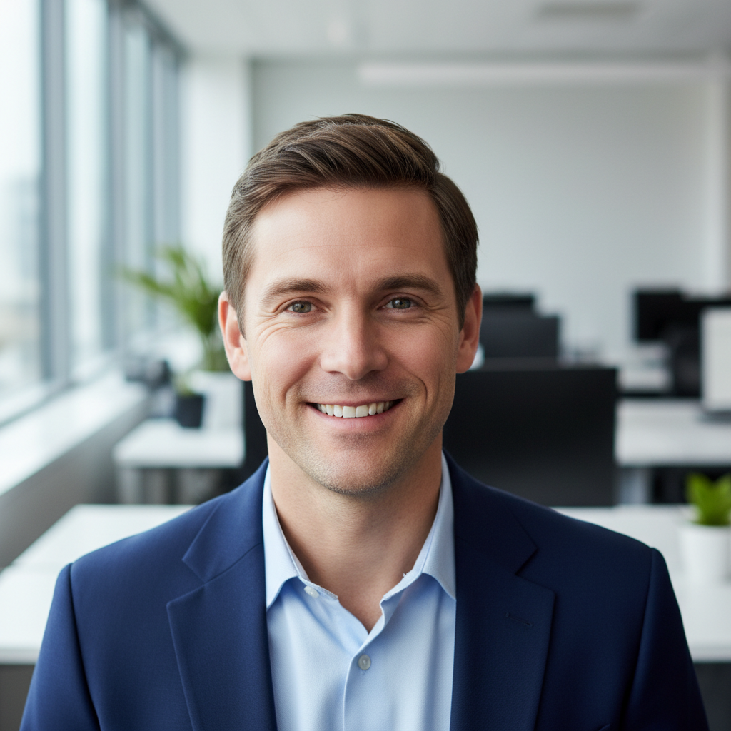 Professional portrait of Anup Shah, creative strategist wearing navy blazer with confident smile in modern studio setting