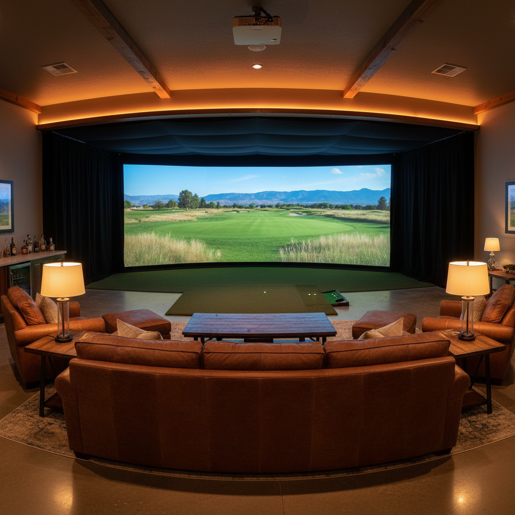 Dimly lit golf simulator bay interior with leather seating, warm amber lighting, and a large simulator screen showing a fairway
