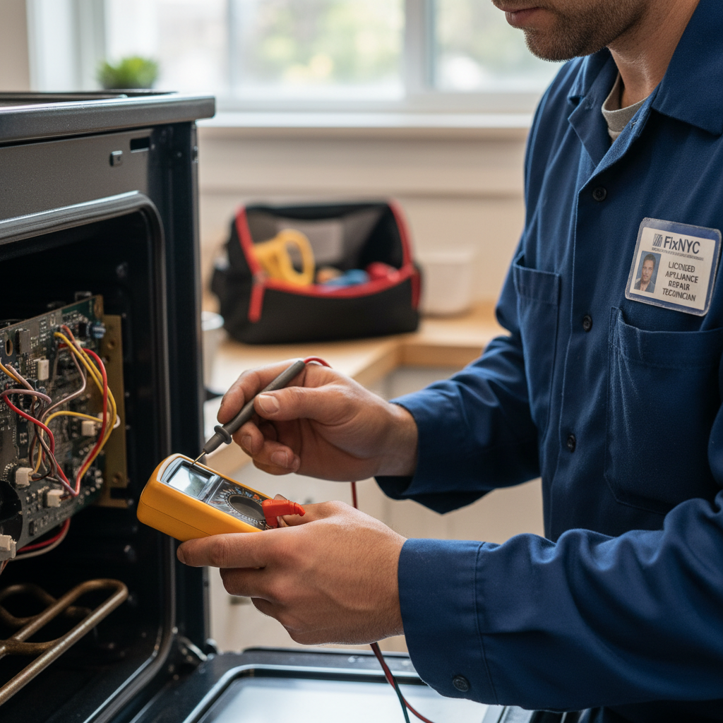 FixNYC technician repairing an oven, hands visible mid-repair with multimeter, NYC DCA license badge clipped to shirt pocket