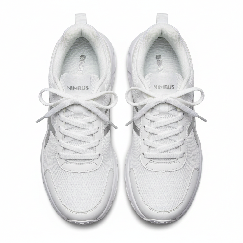 E-commerce fashion product flat lay with bold typography on white background