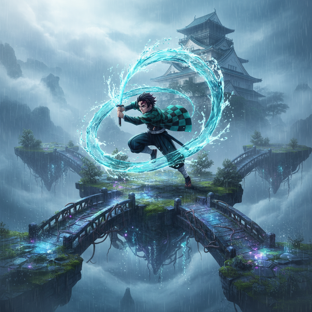 Demon slayer training scene with breathing technique visualization in a mountain dojo