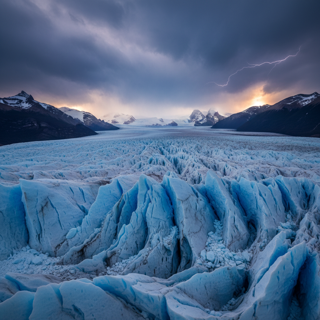 Patagonian glacier with dramatic peaks and stormy sky at dusk