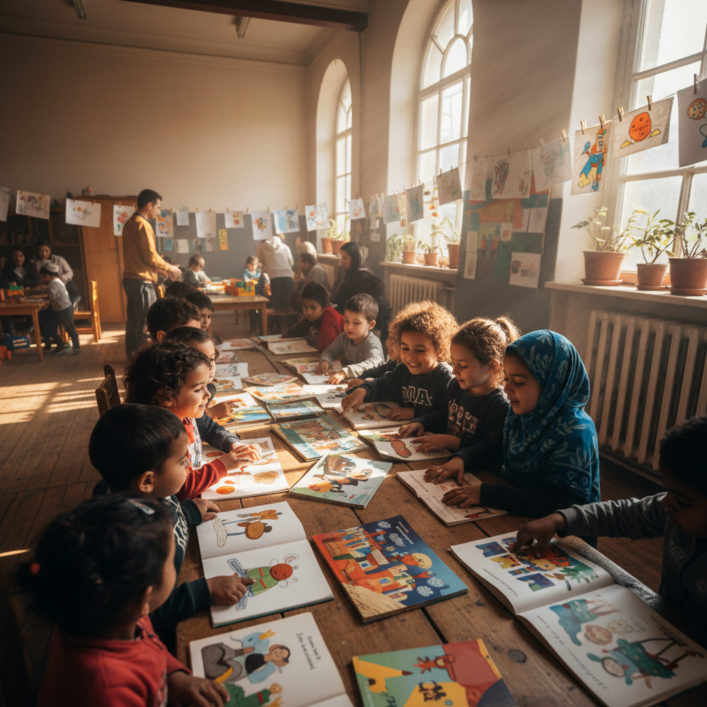 Children at a refugee community center gathered around a table of picture books, pointing at illustrations together