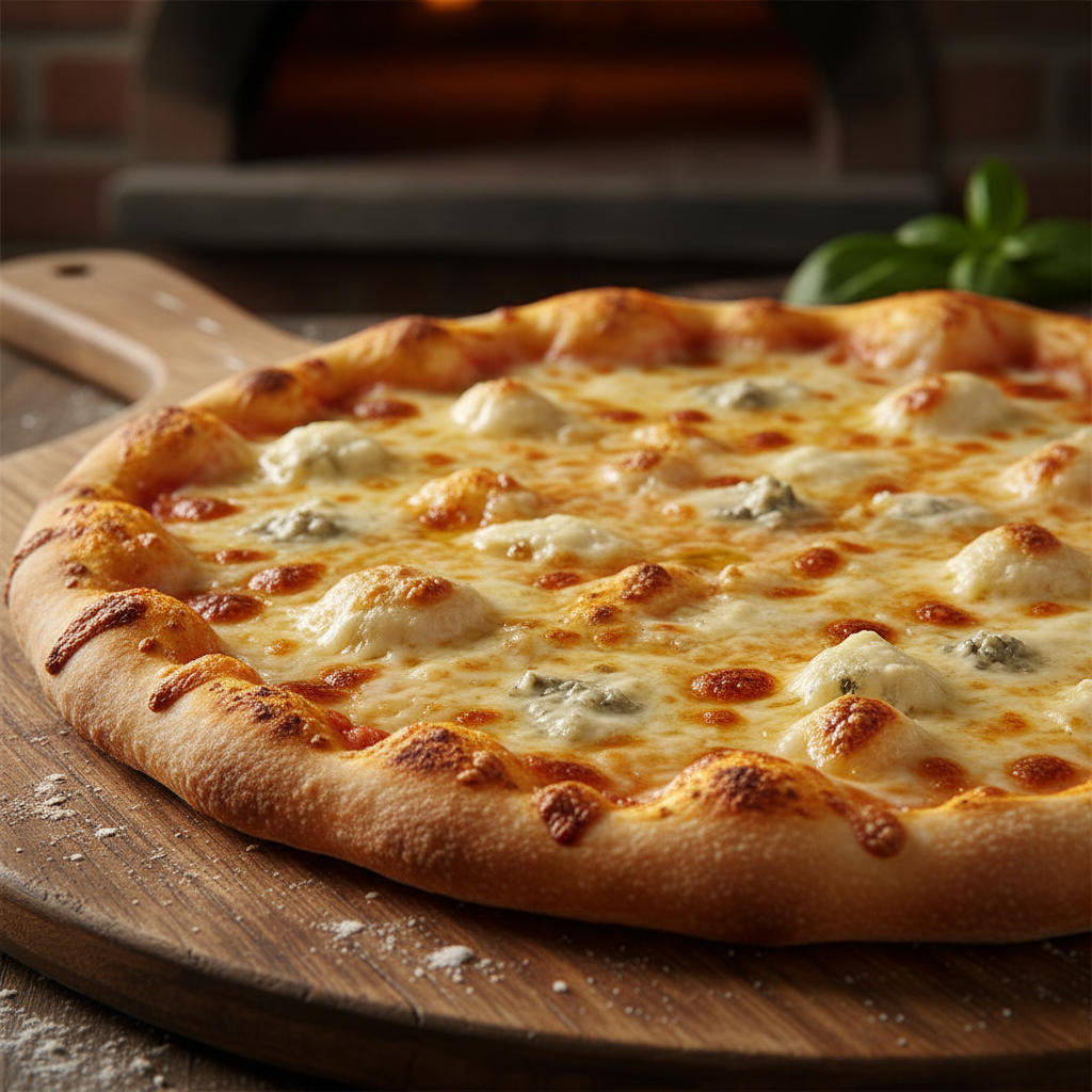 Four cheese pizza with golden crust
