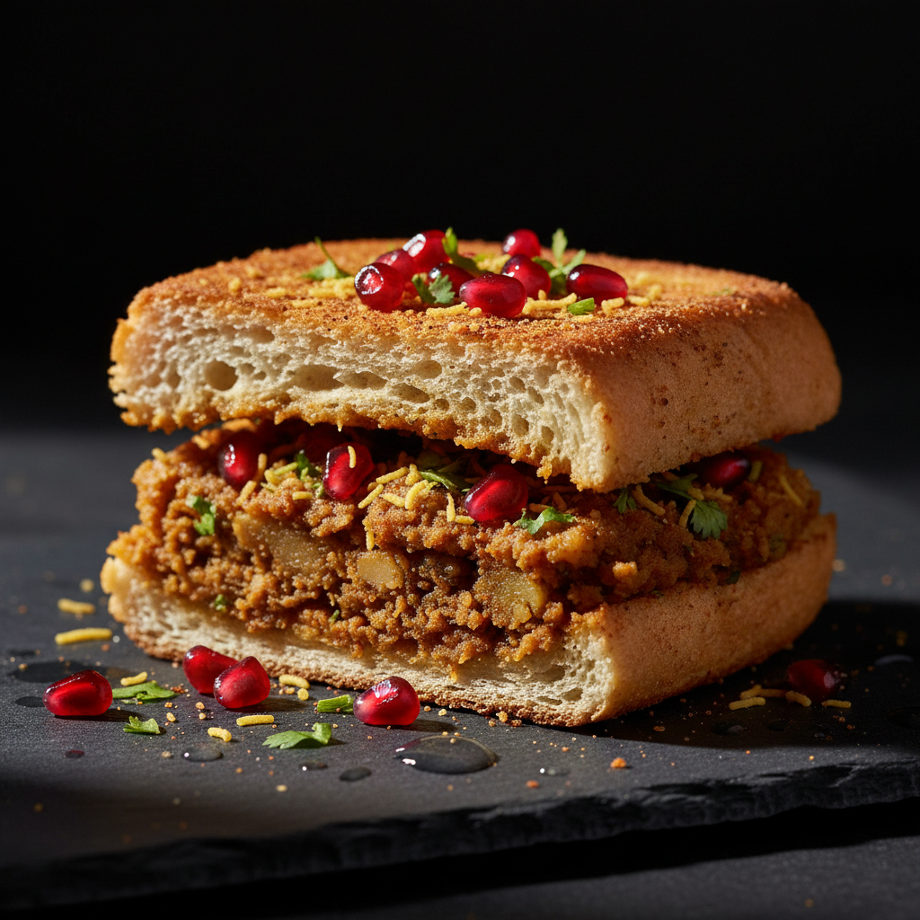 Dabeli sandwich with masala filling and pomegranate seeds on dark slate surface, dramatic shadow lighting