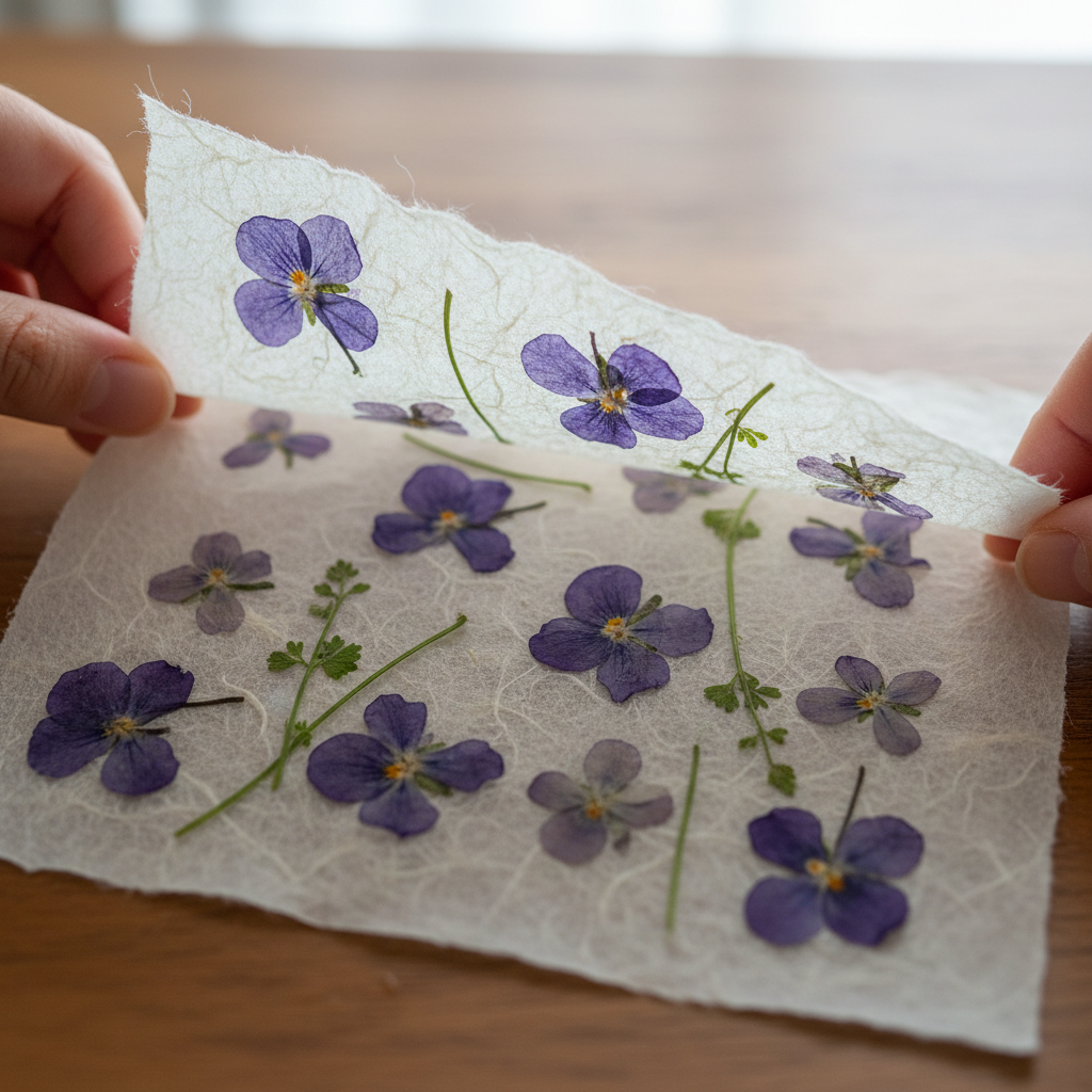 Hands separating layers of handmade paper with visible fibres and pressed violet flowers caught between the sheets