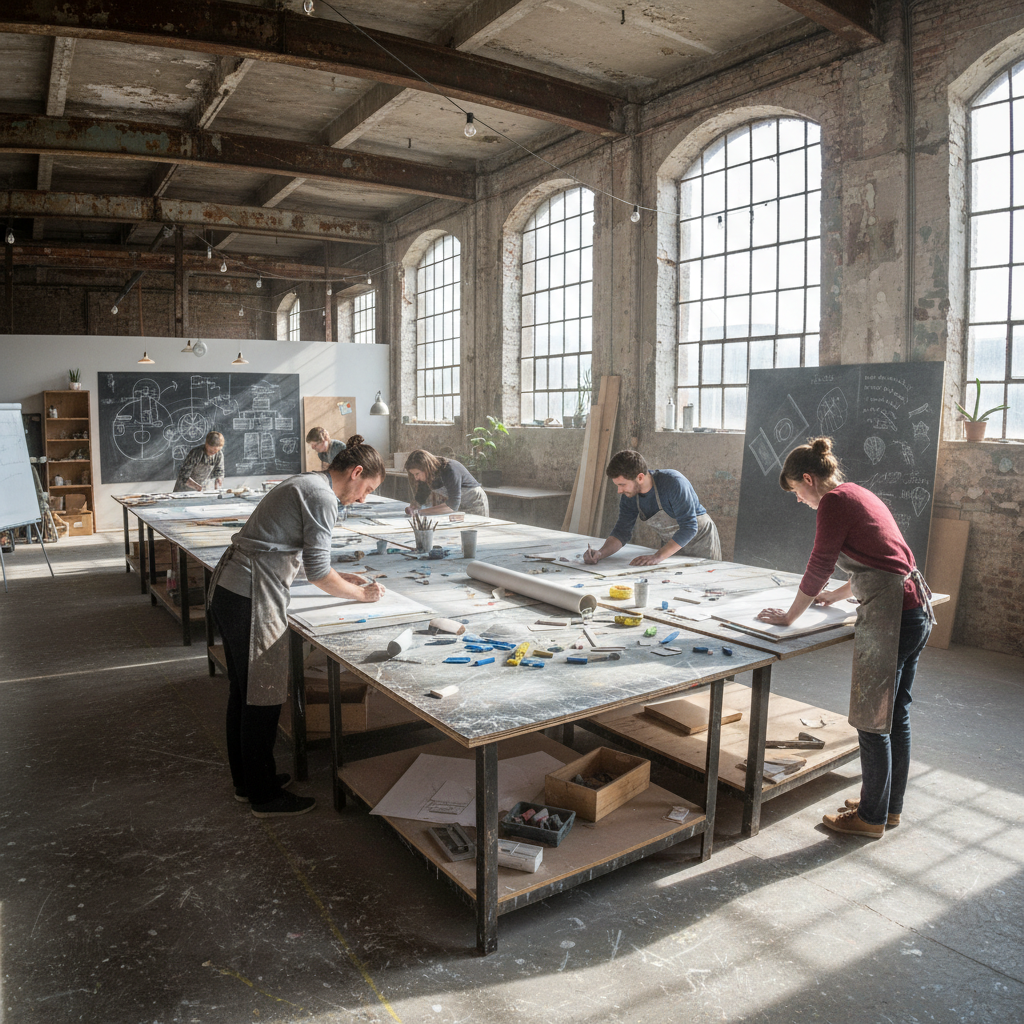 Creative workshop in industrial space with chalk-dusted surfaces and collaborative work tables